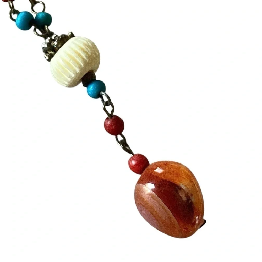 Whimsical Stone & Beaded Necklace Boho Orange & Turquoise Lobster Claw Closure